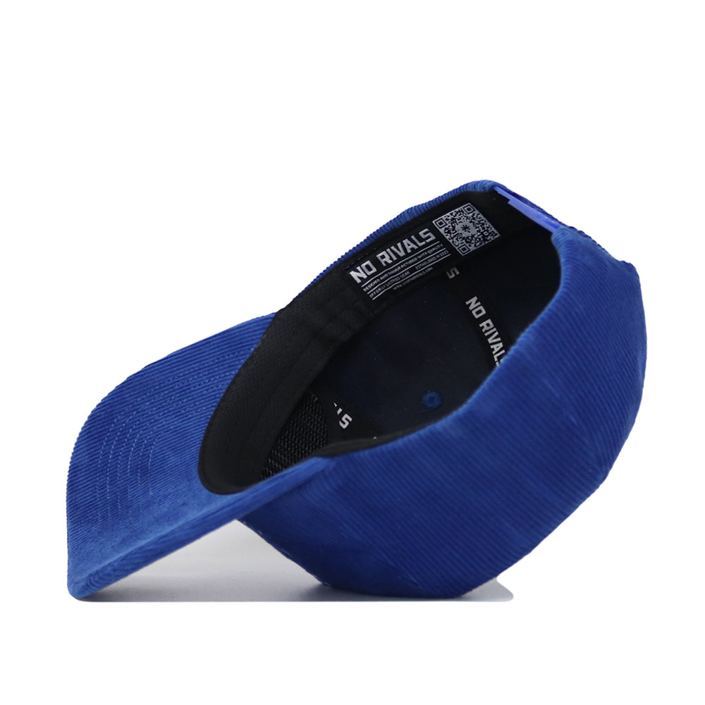 The SMU Vintage Cord Hat is shown upside down, revealing the inside label reading NO RIVALS on the black inner band and featuring a snapback adjustable cap design.