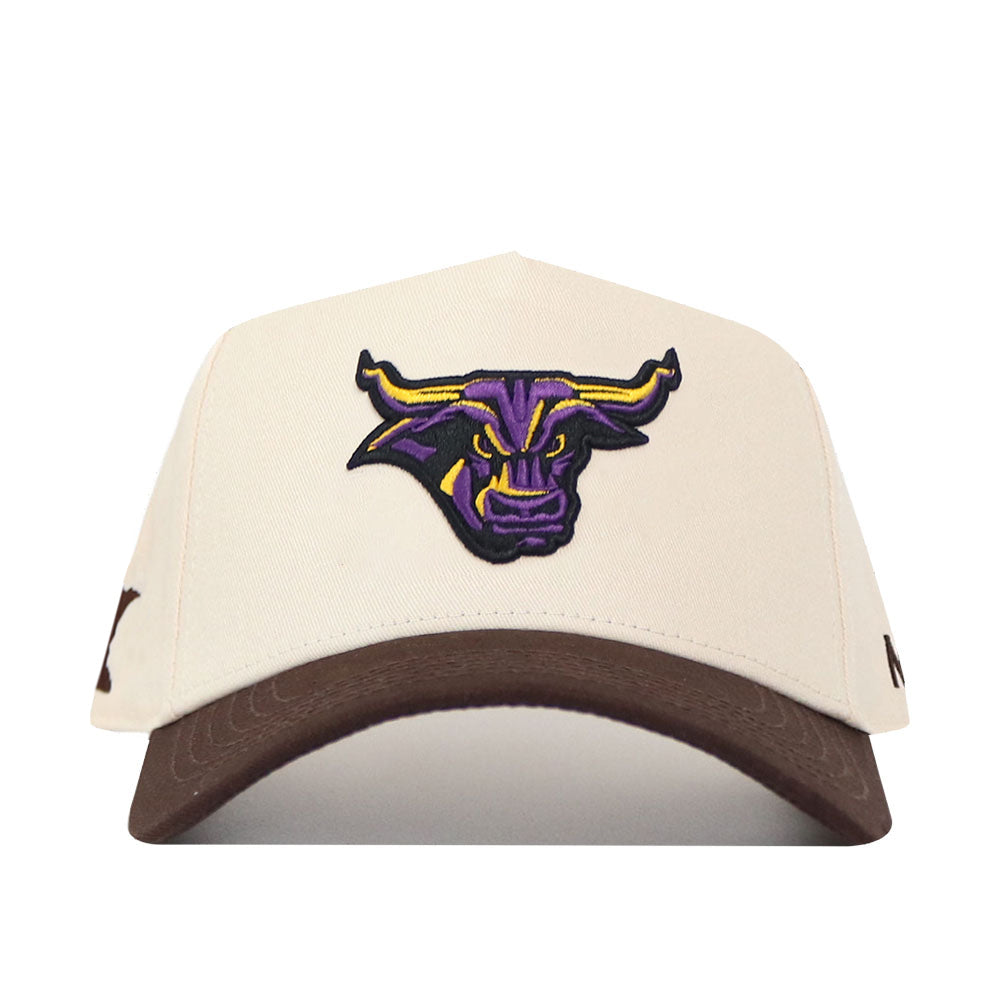 The No Rivals Minnesota State University Mankato Espresso Hat is a beige snapback with a brown brim, featuring an embroidered purple and yellow bull mascot logo on the front—making it the perfect addition to your gameday fit.