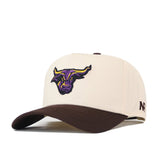 Show your team spirit with the No Rivals Minnesota State University Mankato Espresso Hat—a beige snapback featuring a curved brown brim and an embroidered purple and yellow bull logo on the front. Perfect for your gameday fit, this cap also sports a small NR embroidered logo on the left side.