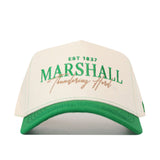 Introducing the Marshall Thundering Herd Vintage Hat by No Rivals, a white and green baseball cap crafted from high-quality cotton. The front features "Marshall Thundering Herd" and "EST 1837" embroidered in green and gold, complemented by an embroidered logo for a premium finish. Designed for comfort with an easy snap back adjustment, this hat offers both style and fit.