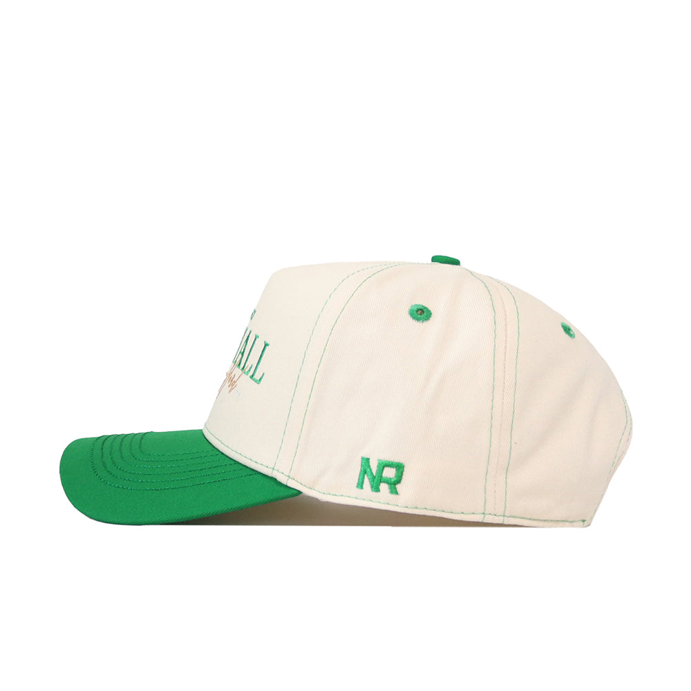 Introducing the Marshall Thundering Herd Vintage Hat by No Rivals—a cream-colored baseball cap featuring a green brim and matching green stitching. Embroidered with green "NR" initials on the side, this high-quality cotton cap offers a comfortable fit with its adjustable snap back closure.