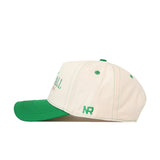 Introducing the Marshall Thundering Herd Vintage Hat by No Rivals—a cream-colored baseball cap featuring a green brim and matching green stitching. Embroidered with green "NR" initials on the side, this high-quality cotton cap offers a comfortable fit with its adjustable snap back closure.
