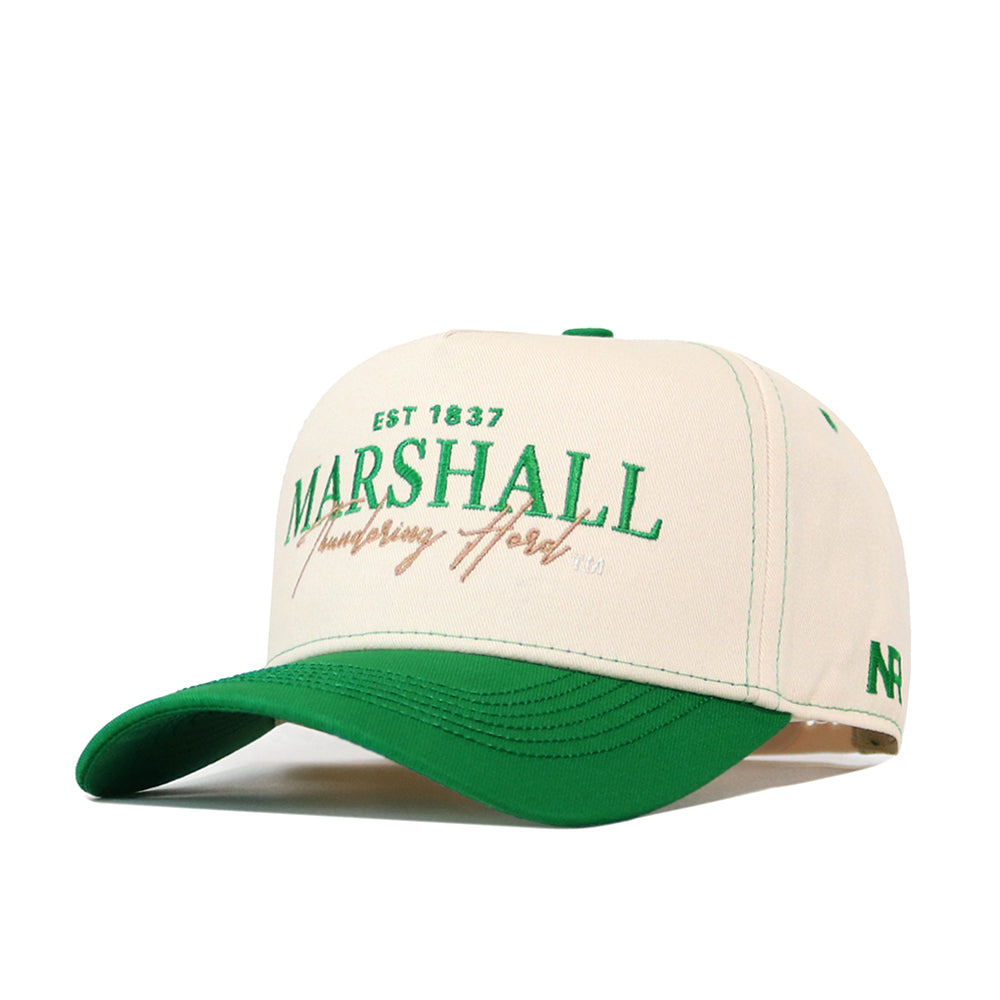 Show off your team spirit with the Marshall Thundering Herd Vintage Hat by No Rivals. This cream and green cap features a bold, embroidered "Marshall Thundering Herd EST 1837" logo in green and gold lettering on the front. With its classic snap back adjustment, this hat combines comfort and style for the ideal gameday fit.