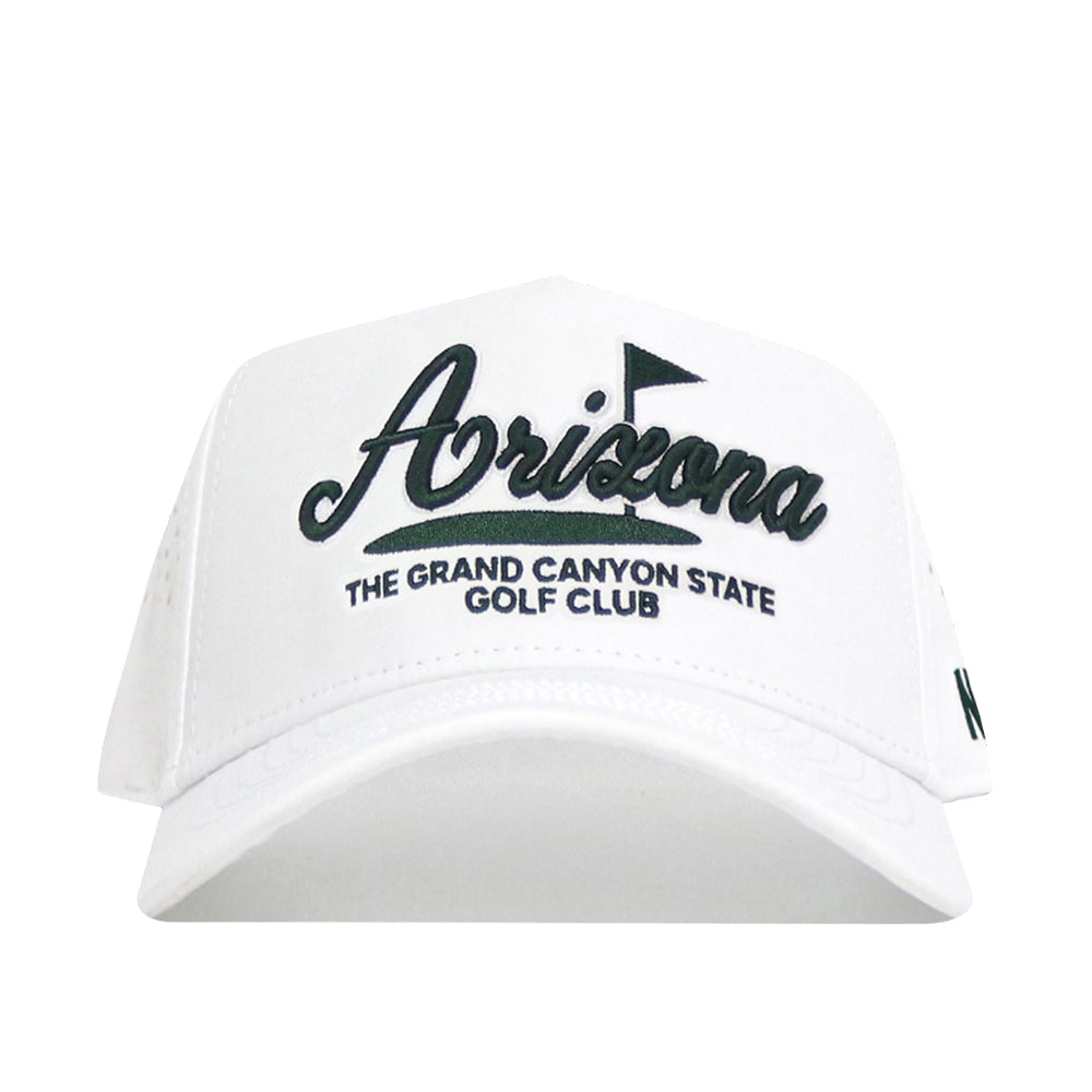 The No Rivals Arizona Clubhouse Hat is a white snapback with "Arizona" in large script and "The Grand Canyon State Golf Club" in block letters, featuring a small golf flag graphic. Made from a polyester-cotton blend with a structured fit.