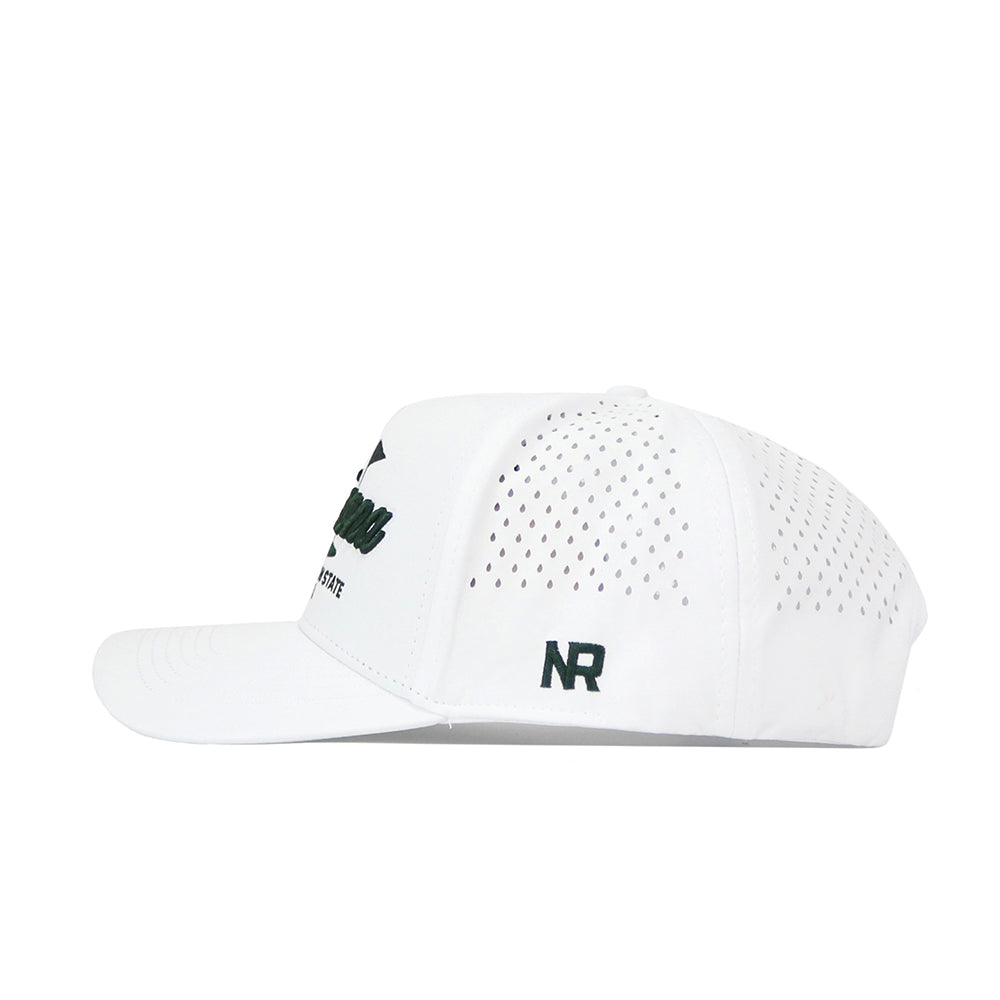 Side view of the Arizona Clubhouse Hat by No Rivals, a white structured baseball cap with ventilation holes, dark green NR initials embroidered on the back, and a classic snapback closure.