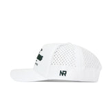 Side view of the Arizona Clubhouse Hat by No Rivals, a white structured baseball cap with ventilation holes, dark green NR initials embroidered on the back, and a classic snapback closure.