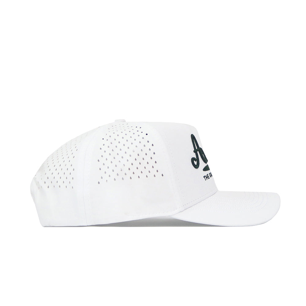 Side view of the No Rivals Arizona Clubhouse Hat, a white snapback with small rear ventilation holes, curved brim, and partially visible black "A" embroidery on the front. Made from a comfortable polyester-cotton blend.