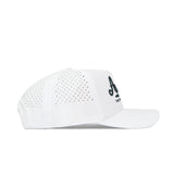 Side view of the No Rivals Arizona Clubhouse Hat, a white snapback with small rear ventilation holes, curved brim, and partially visible black "A" embroidery on the front. Made from a comfortable polyester-cotton blend.