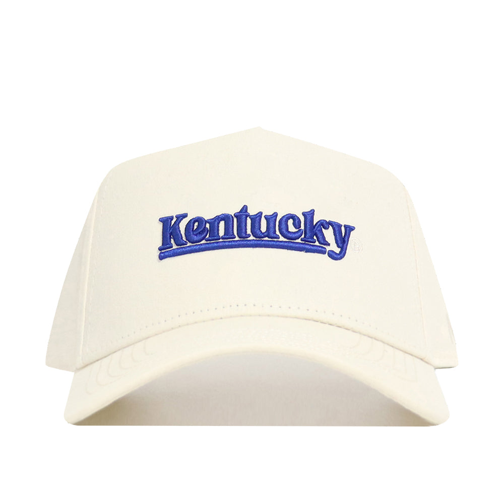 The No Rivals Kentucky Sideline Hat is a white baseball cap featuring "Kentucky" embroidered in blue on the front and offers a structured fit for comfort and style.
