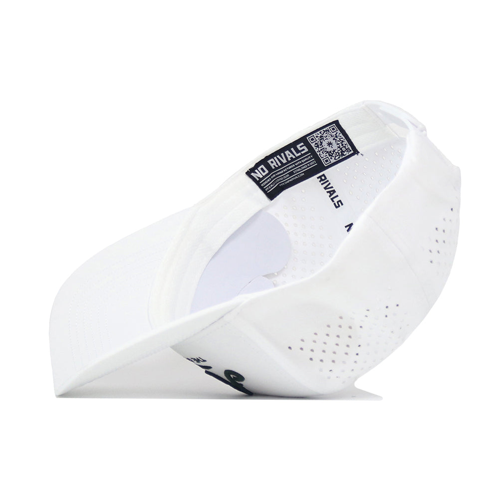 The Arizona Clubhouse Hat by No Rivals is a white snapback shown from the side, partially inside out to reveal NO RIVALS text and a QR code on the inner band. Made from a polyester-cotton blend, it has ventilation holes and a structured fit.