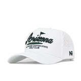 The Arizona Clubhouse Hat by No Rivals is a white snapback with black "Arizona The Grand Canyon State Golf Club" text, a small flag graphic, side ventilation holes, "NR" on the brim, and a comfy polyester-cotton blend.