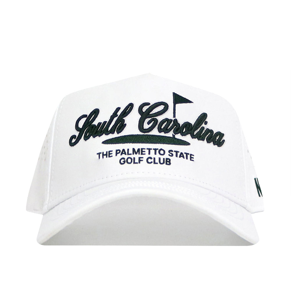 The No Rivals South Carolina Clubhouse Hat features "South Carolina" in black script, a golf flag icon, and "The Palmetto State Golf Club" embroidered on the front. Made from a durable polyester-cotton blend for lasting comfort.