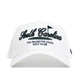 The No Rivals South Carolina Clubhouse Hat features "South Carolina" in black script, a golf flag icon, and "The Palmetto State Golf Club" embroidered on the front. Made from a durable polyester-cotton blend for lasting comfort.