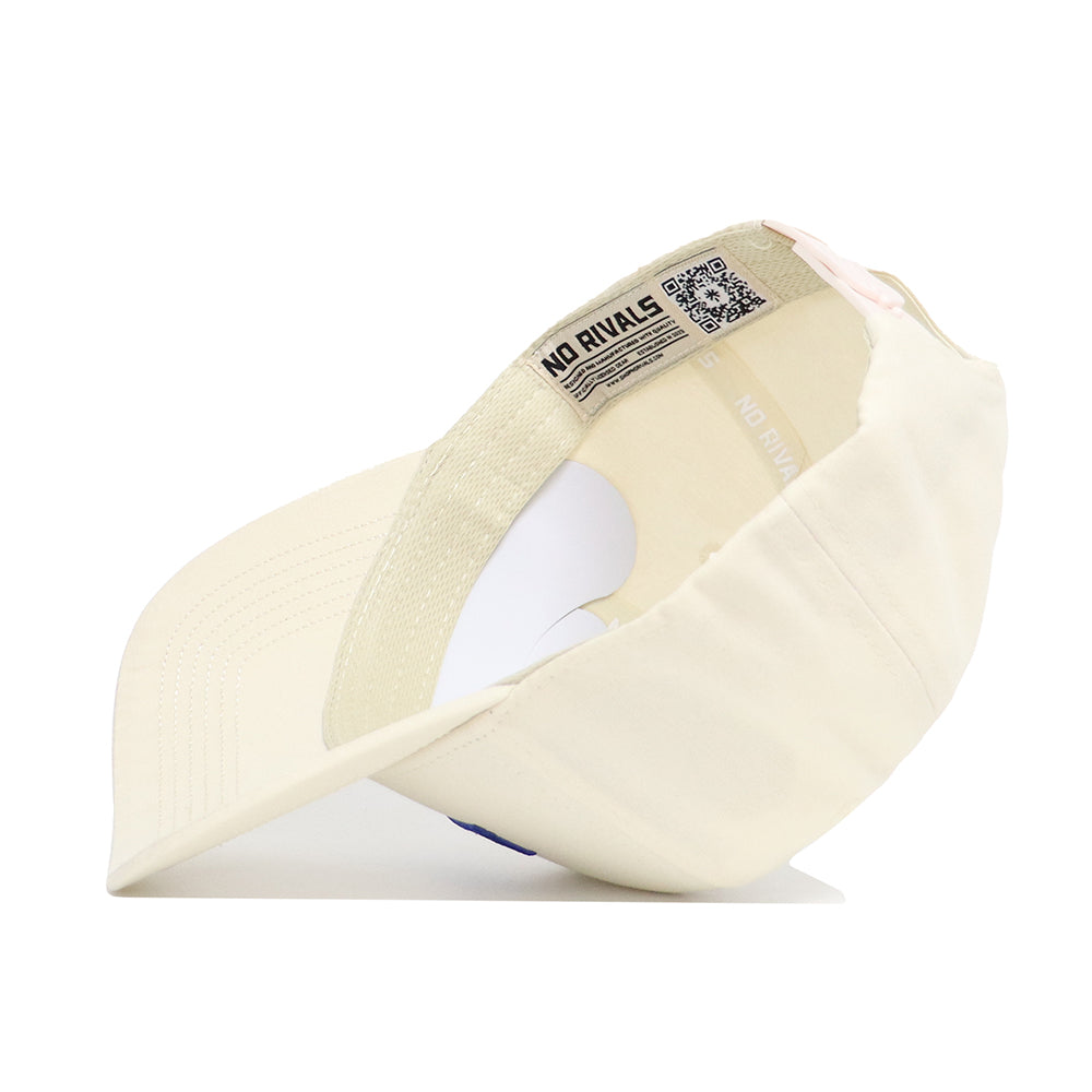 The Kentucky Sideline Hat by No Rivals is shown cream-colored and inside out, revealing the inner label with "NO RIVALS" and a QR code on the band, showcasing its structured fit.
