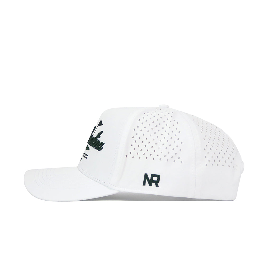 The South Carolina Clubhouse Hat by No Rivals is a white structured-fit cap made from a polyester-cotton blend, with black embroidered text and logo on the front and side, side ventilation holes, and a flat brim.