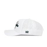 The South Carolina Clubhouse Hat by No Rivals is a white structured-fit cap made from a polyester-cotton blend, with black embroidered text and logo on the front and side, side ventilation holes, and a flat brim.