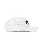 The South Carolina Clubhouse Hat by No Rivals is a white structured-fit cap with black embroidered text on the front, made from a polyester-cotton blend and has side and back ventilation holes. Shown here in a side view.