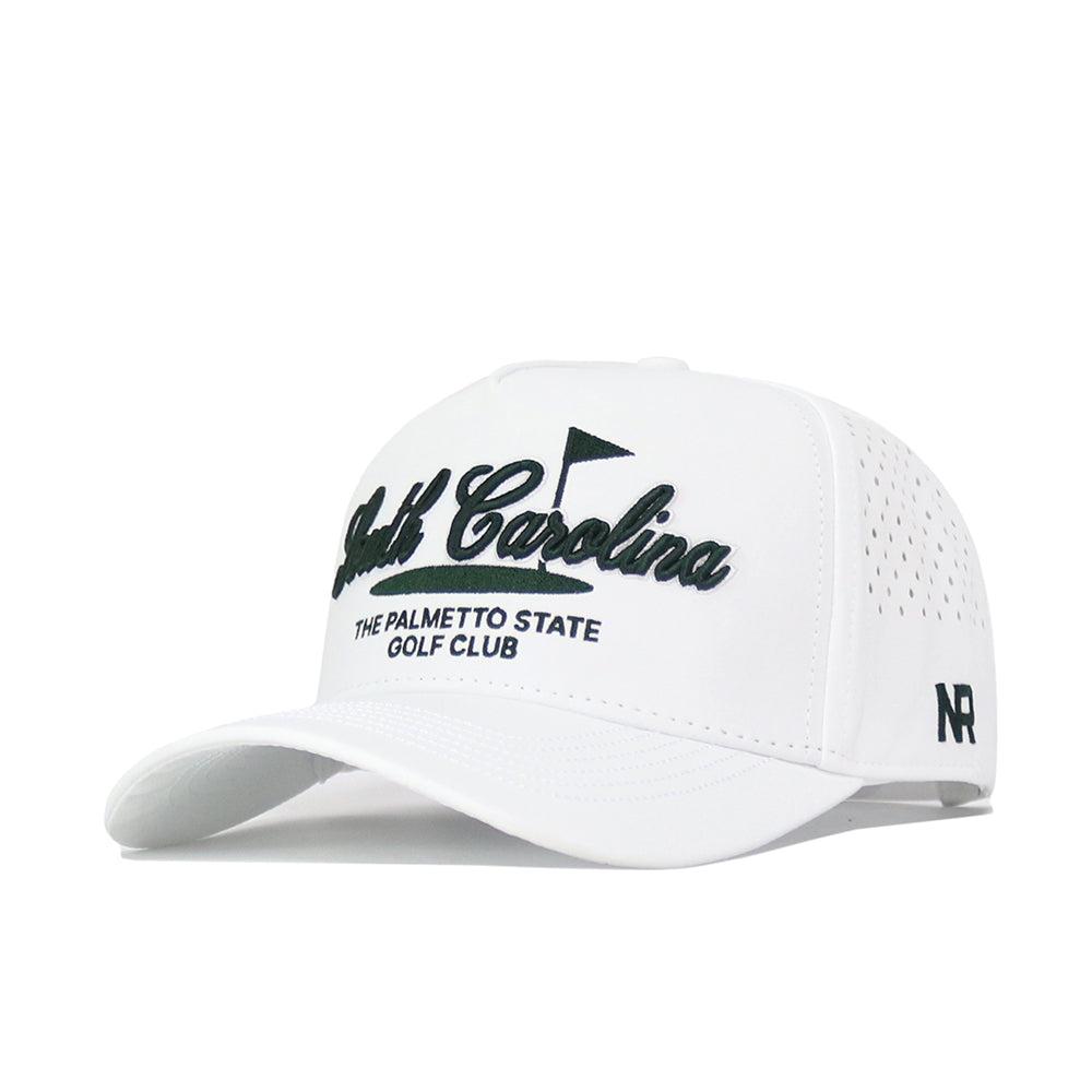 The No Rivals South Carolina Clubhouse Hat is a white structured fit hat with black "Golf Carolina" and "The Palmetto State Golf Club" text, a small flag above, NR on the left brim, and made from a comfortable polyester-cotton blend.