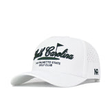 The No Rivals South Carolina Clubhouse Hat is a white structured fit hat with black "Golf Carolina" and "The Palmetto State Golf Club" text, a small flag above, NR on the left brim, and made from a comfortable polyester-cotton blend.