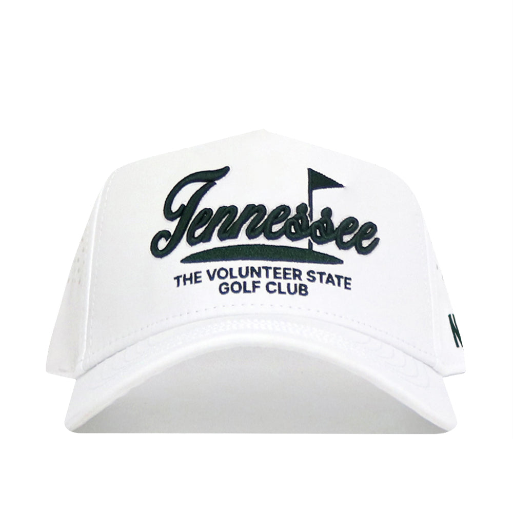 The No Rivals Tennessee Clubhouse Hat features a white structured fit, "Tennessee" in black script with a flag graphic above The Volunteer State Golf Club embroidered on the front. Made from a polyester-cotton blend, this snapback combines comfort and style.