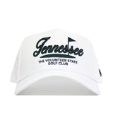 The No Rivals Tennessee Clubhouse Hat features a white structured fit, "Tennessee" in black script with a flag graphic above The Volunteer State Golf Club embroidered on the front. Made from a polyester-cotton blend, this snapback combines comfort and style.