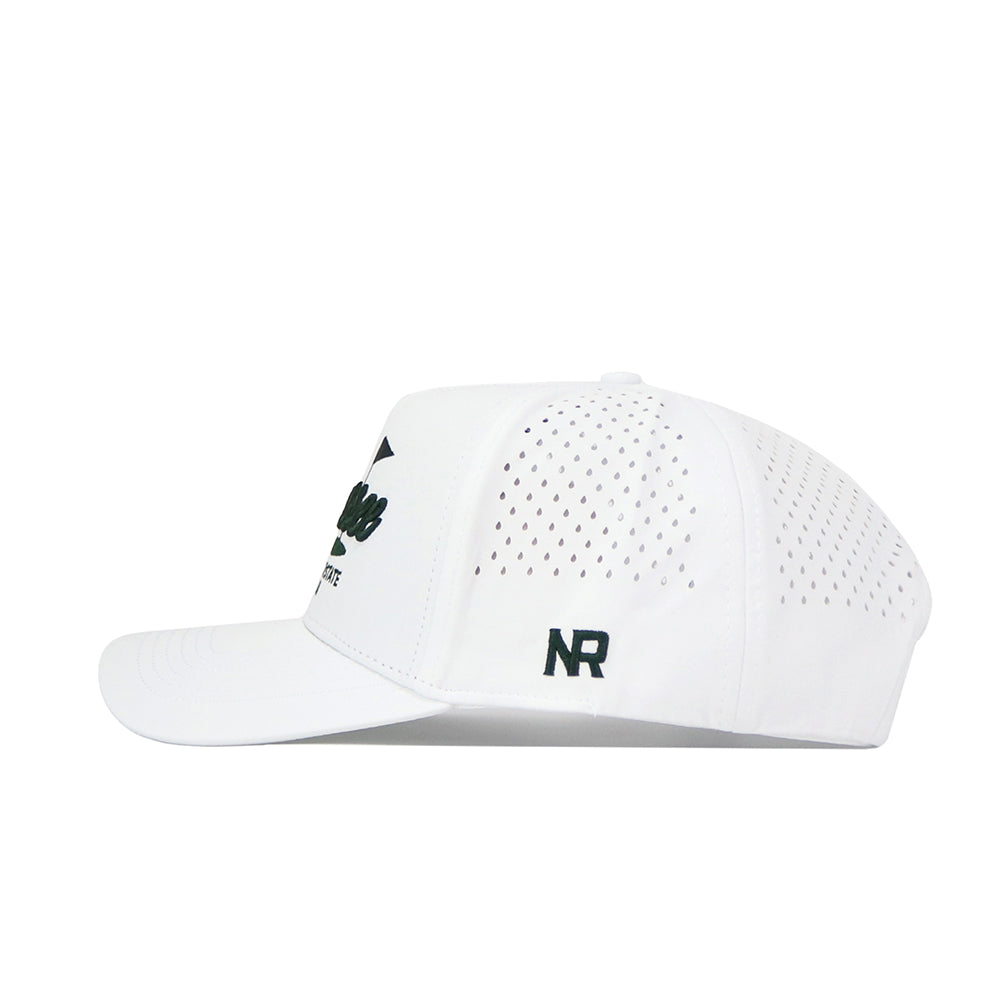 Side view of the Tennessee Clubhouse Hat by No Rivals—a white snapback in a polyester cotton blend with small ventilation holes on back panels, black NR initials embroidered near the back, and partially visible black front text.