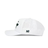 Side view of the Tennessee Clubhouse Hat by No Rivals—a white snapback in a polyester cotton blend with small ventilation holes on back panels, black NR initials embroidered near the back, and partially visible black front text.