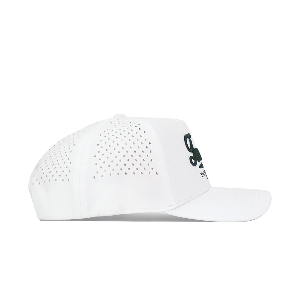 The No Rivals Tennessee Clubhouse Hat is a white structured-fit cap with small ventilation holes on the back and sides, a curved brim, and dark front text. Made from a comfortable polyester-cotton blend.