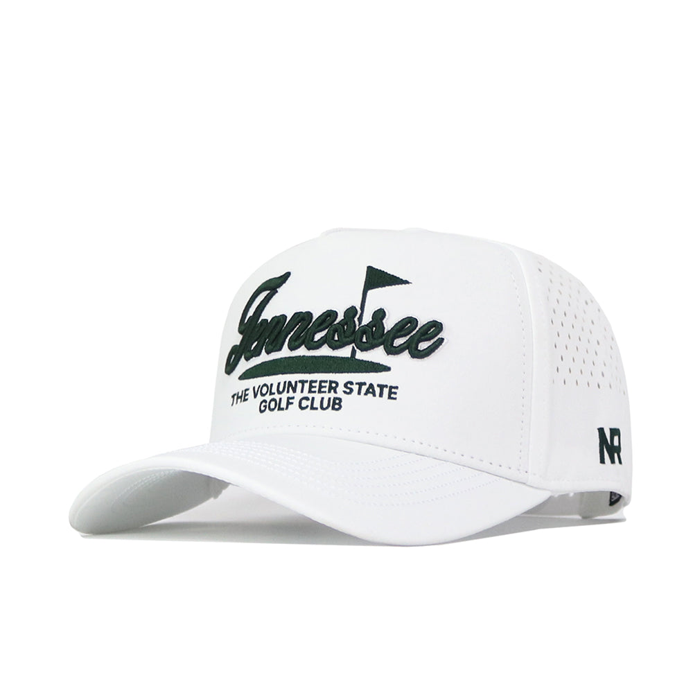 The No Rivals Tennessee Clubhouse Hat is a structured white cap in a polyester-cotton blend, featuring "Tennessee" and "The Volunteer State Golf Club" embroidered in black, with a flag icon and side ventilation holes.