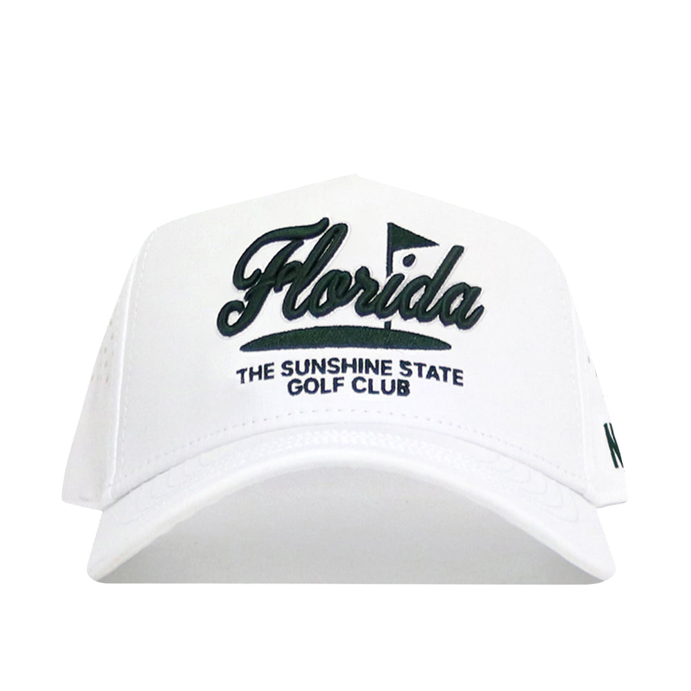 The No Rivals Florida Clubhouse Hat is a white structured fit made from a polyester-cotton blend, with black embroidery reading "Florida" above "THE SUNSHINE STATE GOLF CLUB" and a small flag detail above the text.