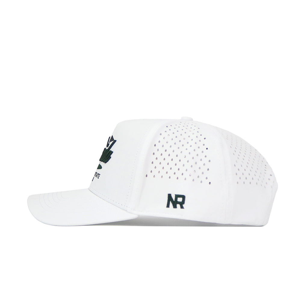 The No Rivals Florida Clubhouse Hat is a white structured fit cap with perforated side panels, a curved brim, and black NR letters near the back. Made from a polyester-cotton blend, its front logo is partially visible from the side angle.