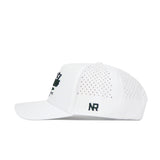 The No Rivals Florida Clubhouse Hat is a white structured fit cap with perforated side panels, a curved brim, and black NR letters near the back. Made from a polyester-cotton blend, its front logo is partially visible from the side angle.