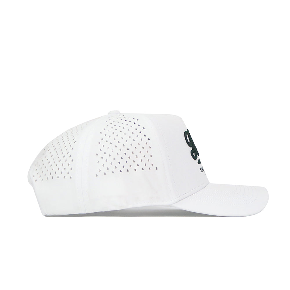 The No Rivals Florida Clubhouse Hat is a structured white baseball cap with side ventilation holes and a flat brim, made from a durable polyester-cotton blend. It’s shown in side profile against a plain white background.