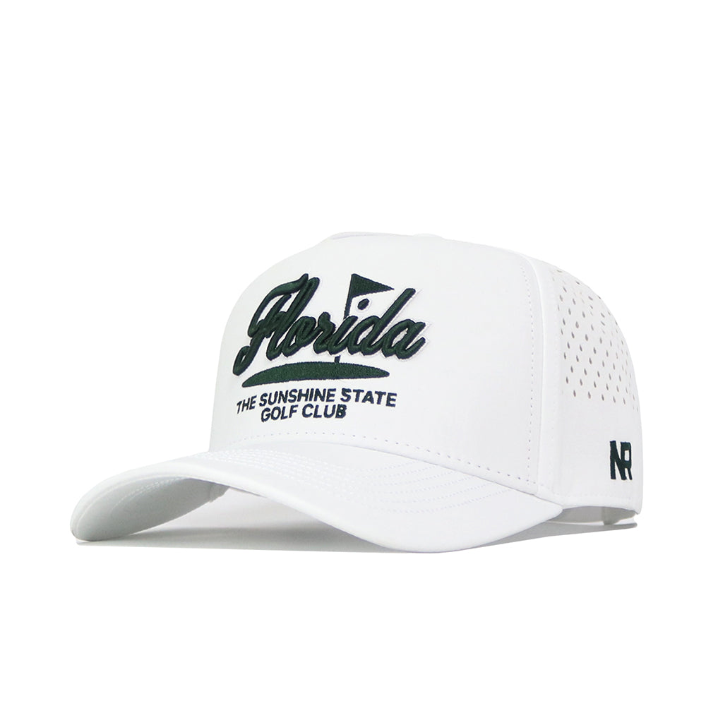 The No Rivals Florida Clubhouse Hat is a white structured fit snapback featuring "Florida" and "The Sunshine State Golf Club" embroidered in black, NR on the side, small ventilation holes, and a comfy polyester-cotton blend.