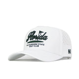 The No Rivals Florida Clubhouse Hat is a white structured fit snapback featuring "Florida" and "The Sunshine State Golf Club" embroidered in black, NR on the side, small ventilation holes, and a comfy polyester-cotton blend.