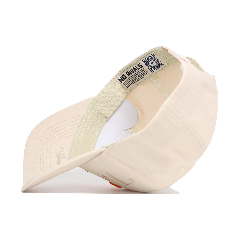 The No Rivals Tennessee Stacked Hat, seen inside out, reveals premium cotton inner labels, neat stitching, and a QR code near the adjustable strap at the back.