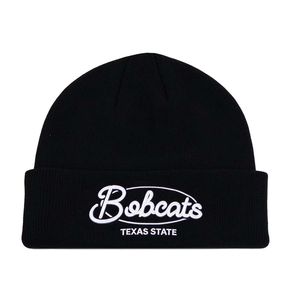 No Rivals Texas State Script Beanie, a black cuffed blackout beanie with white embroidered Bobcats in script above TEXAS STATE in block letters for cold weather gameday.