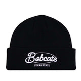 No Rivals Texas State Script Beanie, a black cuffed blackout beanie with white embroidered Bobcats in script above TEXAS STATE in block letters for cold weather gameday.