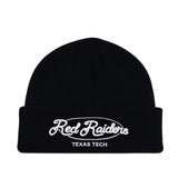 Black cuffed blackout Texas Tech Script Beanie embroidered with white Red Raiders script text above TEXAS TECH.