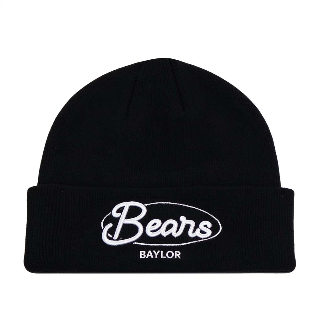 No Rivals Baylor Bears Script Beanie, a black cuffed knit hat featuring the word Bears in white script embroidery above the word BAYLOR in white block lettering.
