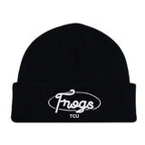 No Rivals TCU Horned Frogs Script Beanie: a black cuffed knit beanie with Frogs embroidered in white script above TCU in block letters, perfect for cold weather gameday.