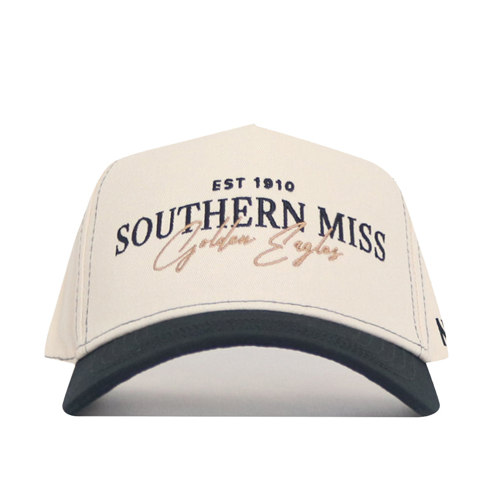 The No Rivals Southern Miss Vintage Hat is a white and black snapback featuring "EST 1910 SOUTHERN MISS Golden Eagles" text and an embroidered black and gold logo on the front.