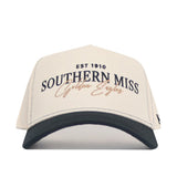 The No Rivals Southern Miss Vintage Hat is a white and black snapback featuring "EST 1910 SOUTHERN MISS Golden Eagles" text and an embroidered black and gold logo on the front.