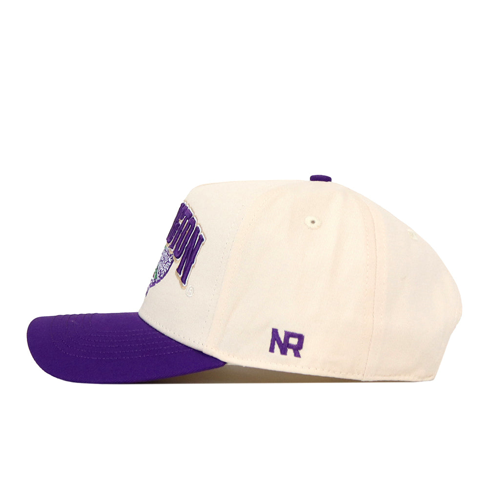 Introducing the Washington Stadium Hat by No Rivals—a white snapback cap with a bold purple brim and the signature NR initials delicately embroidered on the side. The front showcases striking purple embroidered logos and an emblem, adding eye-catching detail from every angle. This officially licensed hat combines team spirit with modern comfort for a standout look.