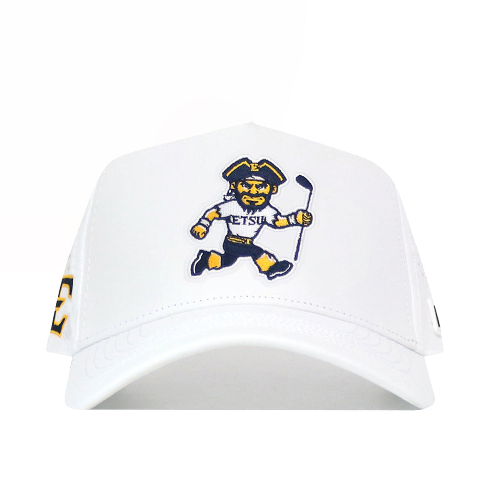 The No Rivals ETSU Golfing Buc Hat in white is a snap back cap with an embroidered cartoon pirate mascot holding a golf club, “ETSU” on its shirt, performance fabric, stitched details, and small officially licensed side logos.
