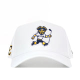 The No Rivals ETSU Golfing Buc Hat in white is a snap back cap with an embroidered cartoon pirate mascot holding a golf club, “ETSU” on its shirt, performance fabric, stitched details, and small officially licensed side logos.