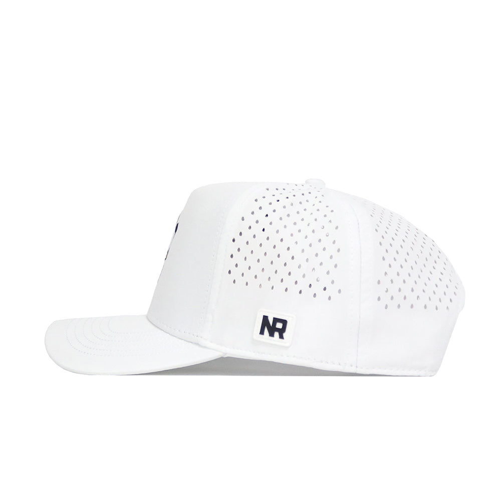 The No Rivals ETSU Golfing Buc Hat in white features a perforated back panel for ventilation, an adjustable snapback for comfort, and a small rectangular NR logo patch near the brim.