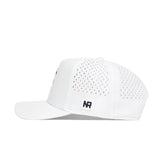 The No Rivals ETSU Golfing Buc Hat in white features a perforated back panel for ventilation, an adjustable snapback for comfort, and a small rectangular NR logo patch near the brim.