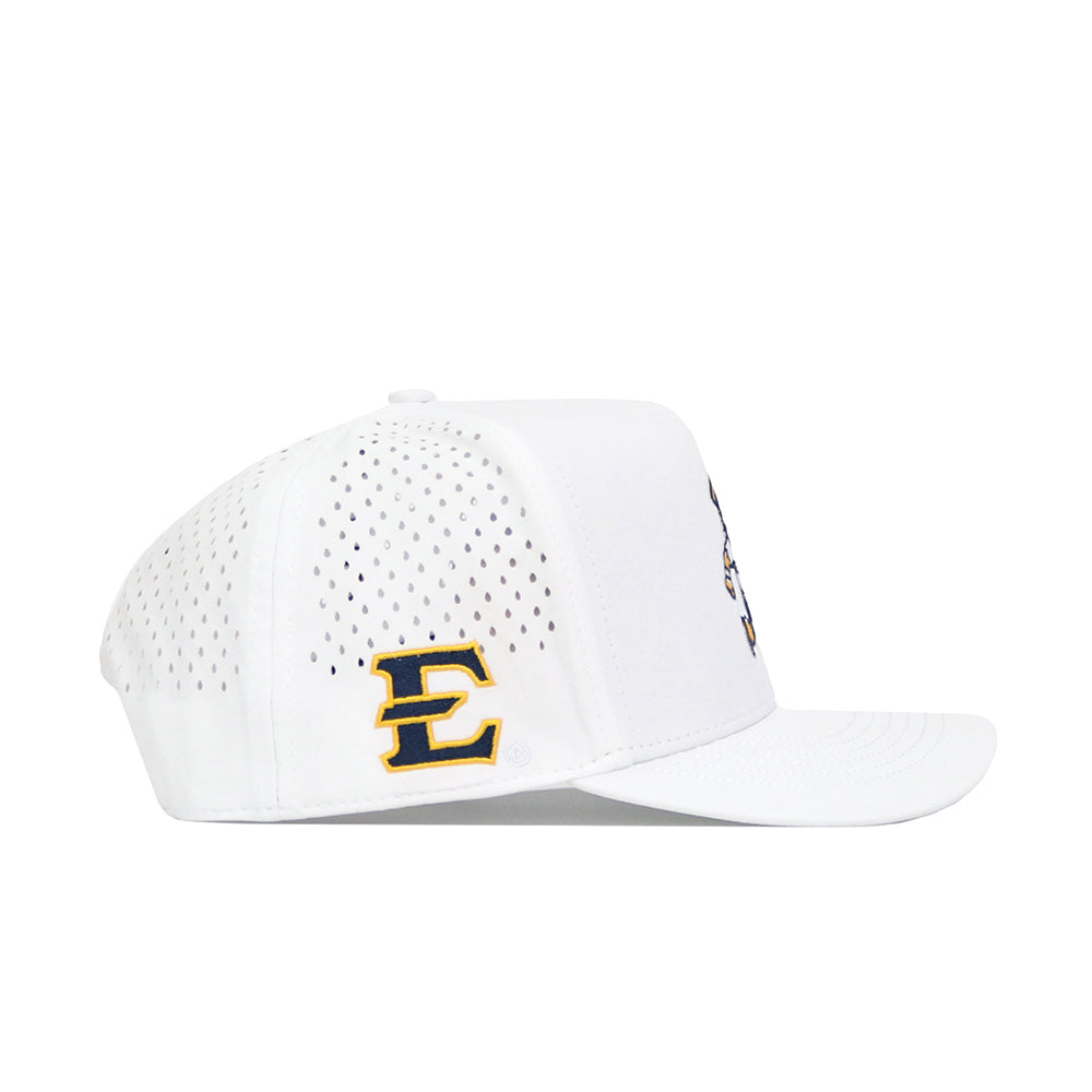 The No Rivals ETSU Golfing Buc Hat in white is made from performance fabric with side ventilation holes and showcases a yellow and navy blue E and L logo above the brim.