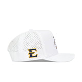 The No Rivals ETSU Golfing Buc Hat in white is made from performance fabric with side ventilation holes and showcases a yellow and navy blue E and L logo above the brim.